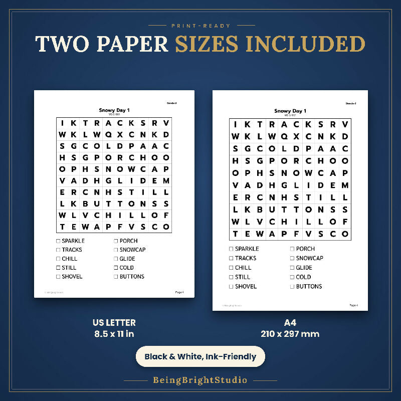 Extra Large Print Winter Word Search for Activity Directors, 50 Printable Puzzles, Bingo Calling Cards, Letter and A4