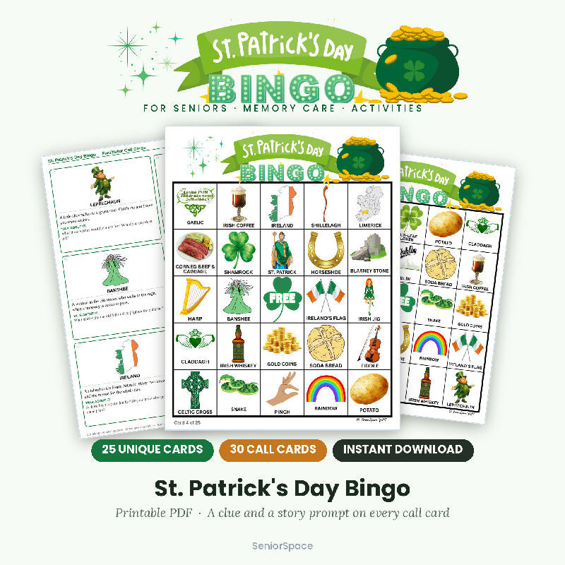St Patrick's Day Bingo for Seniors, 25 Printable Cards, Call Cards with Clues, Memory Care Activity, Discussion cues, Instant Download