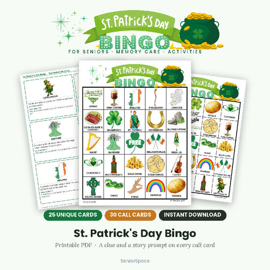 St Patrick's Day Bingo for Seniors, 25 Printable Cards, Call Cards with Clues, Memory Care Activity, Discussion cues, Instant Download