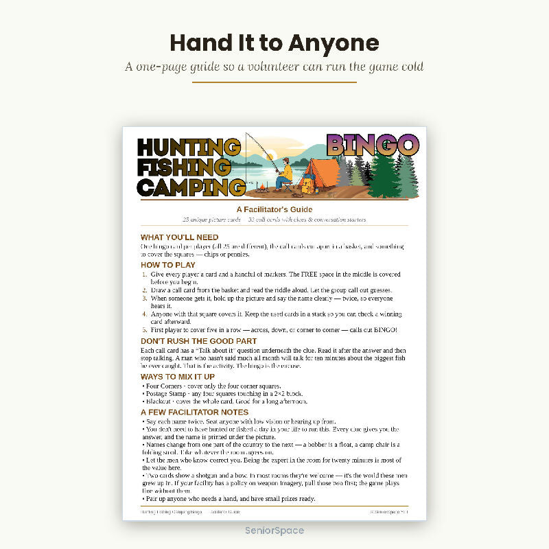 Hunting Fishing Camping Bingo for Seniors, Men's Club Activity, 25 Printable Cards, Call Cards with Clues, Download PDF