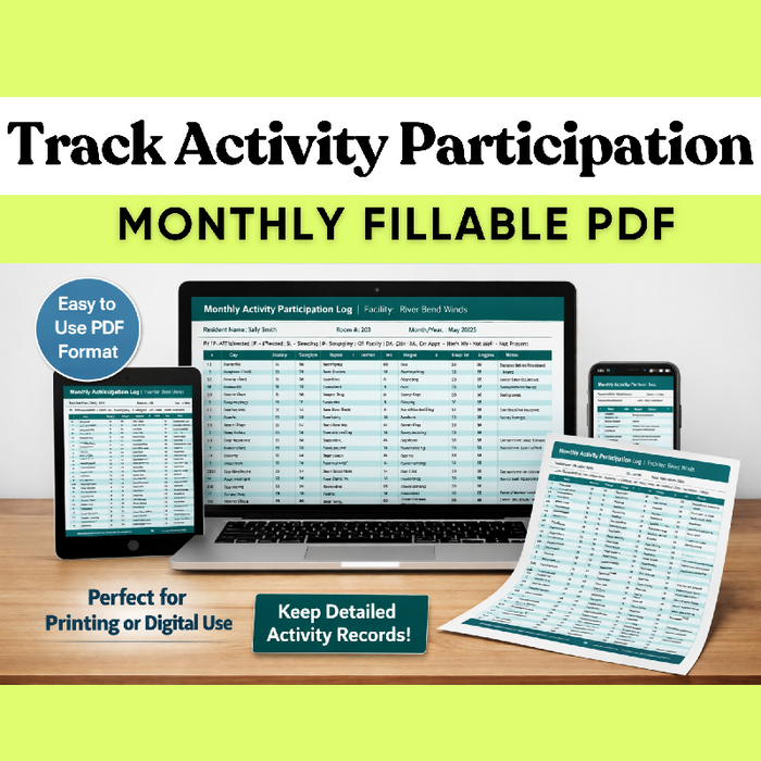Simple Monthly Activity Participation Log — Fillable PDF | One Sheet Per Resident | Activity Director Documentation Tool