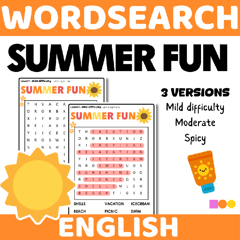 Word Search August Theme - 3 Levels of Difficulty Wordsearch