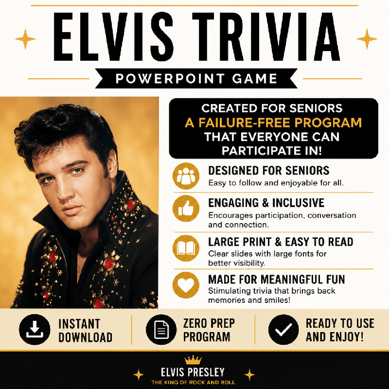 Elvis Trivia PowerPoint Game for Seniors | Reminiscence Activity (Digital Download)