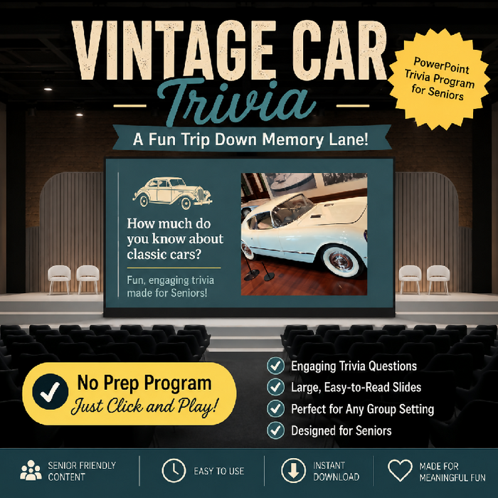 Vintage car Trivia game for seniors | Reminiscing Therapy| downloadable Seniors group Games