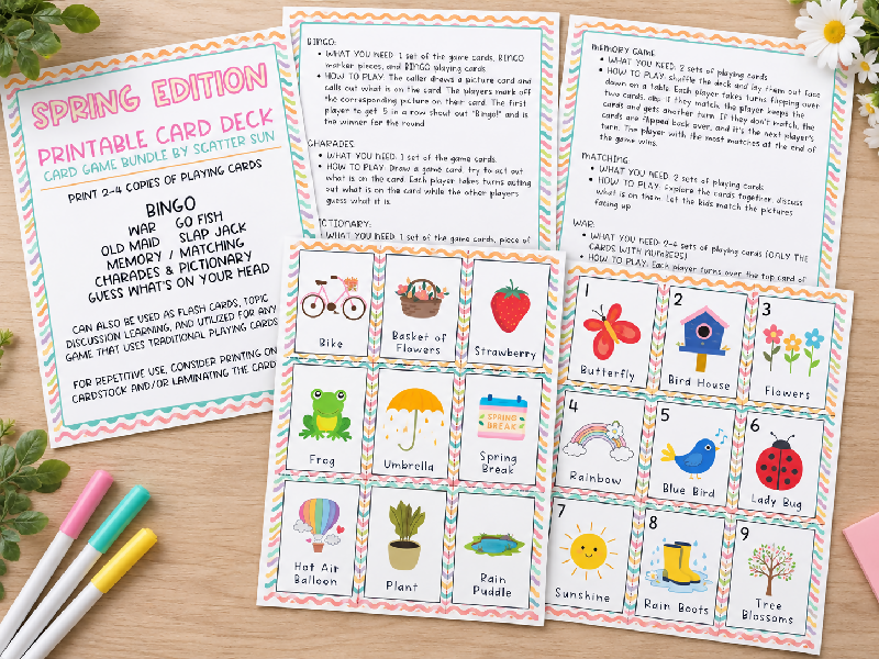 Spring Bingo & Reminiscing Card Game Bundle, 50 Boards, Scavenger Hunt, Memory Matching Flash Cards,  Easter Printable Activities, Playing Cards