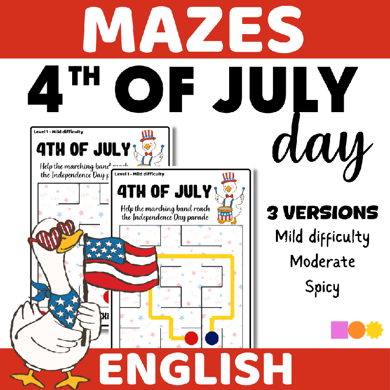 4th of July Mazes (3 levels of difficulty) Fourth of July - Independence Day