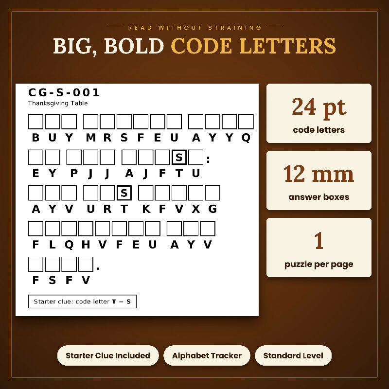 Fall Thanksgiving Cryptograms for Seniors, 50 Extra Large Print Puzzles, Answer Keys, US Letter and A4