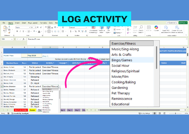 Activity Participation Tracker Excel, Activity Director MDS Tool, Resident Engagement Spreadsheet