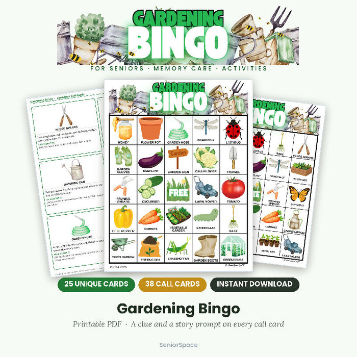 Gardening Bingo for Seniors, 25 Printable Cards, Call Cards with Clues, Memory Care Activity, Nursing Home, Instant Download